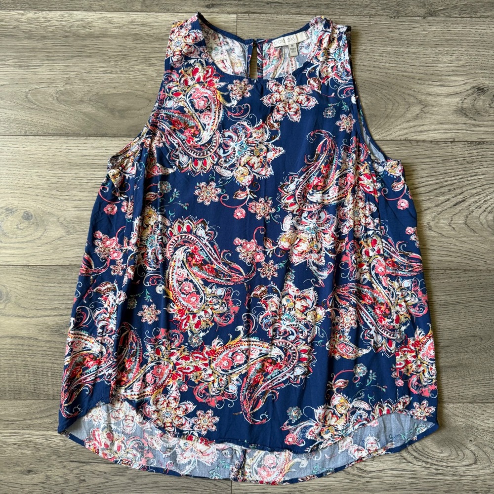 Pale Sky Womens Navy Blue Paisley Floral Rayon Tank Top PS15417RY7 Medium